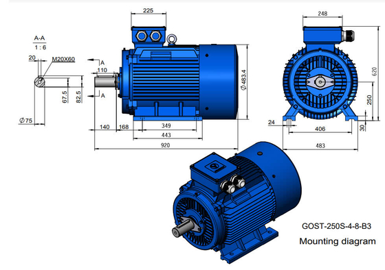 IC0141 Motor de jaula de ardilla con diámetro de eje de 75 mm para operación continua S1